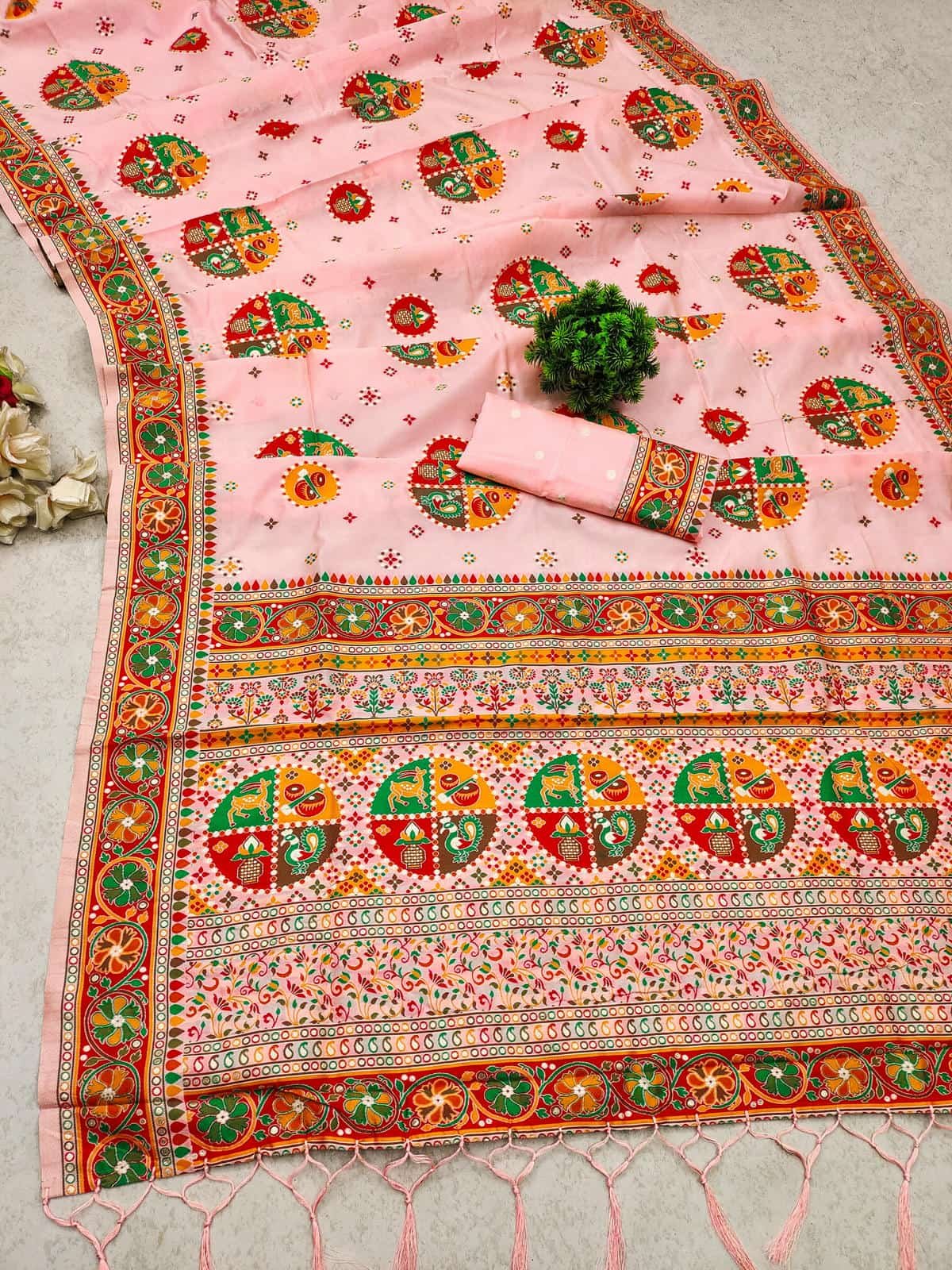 Light Pink Pure Kashmiri Pashmina Silk Saree with vibrant Meena weaving and a stunning designer pallu.