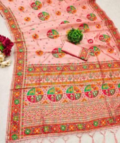 Pink Pure Kashmiri Pashmina Silk Saree with intricate Meena weaving and a designer pallu.