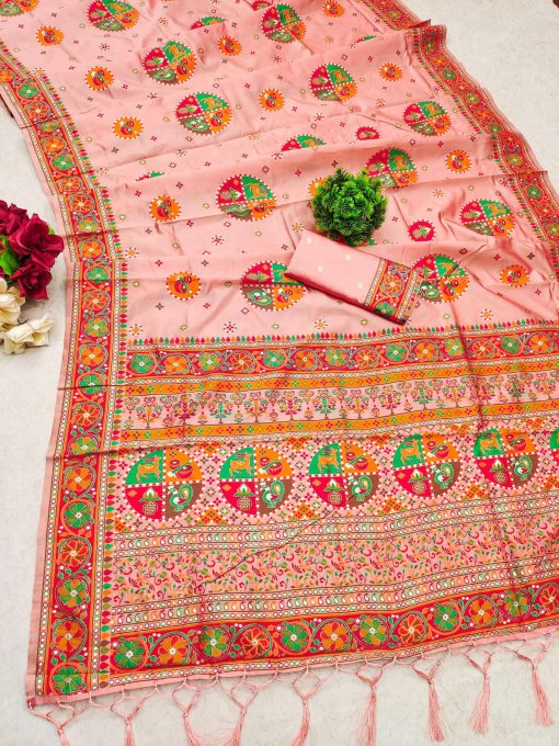 Pink Pure Kashmiri Pashmina Silk Saree with intricate Meena weaving and a designer pallu.