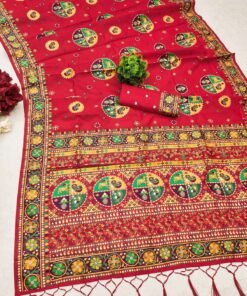 Red Pure Kashmiri Pashmina Silk Saree with colorful Meena weaving and a beautiful pallu.