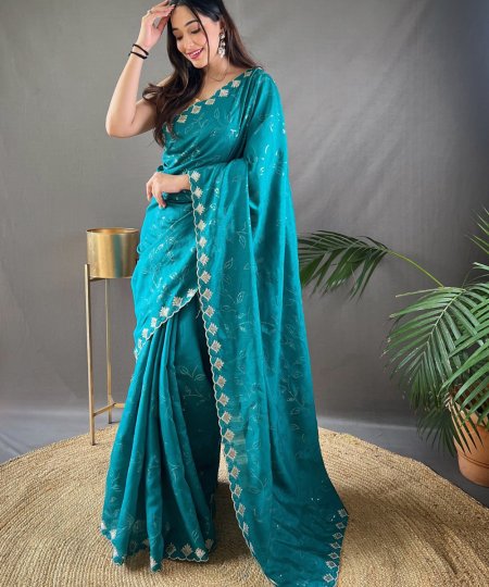 Pure Ruhi Silk Sarees with Exquisite Water Sequin Jal Work and Cutwork Borders