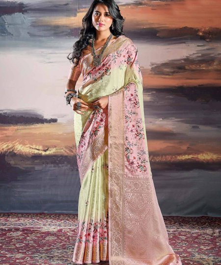 Pure Satin With Self Weaving Saree - Dual Shade & Floral Digital Premium Quality