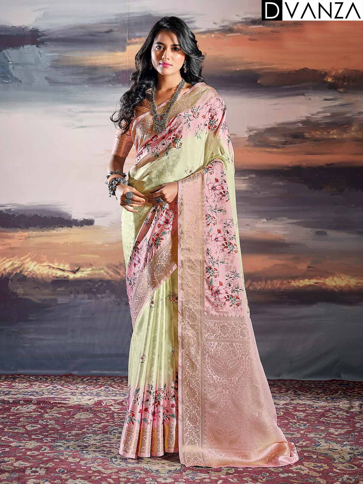 Pure Satin With Self Weaving Saree - Dual Shade & Floral Digital Premium Quality