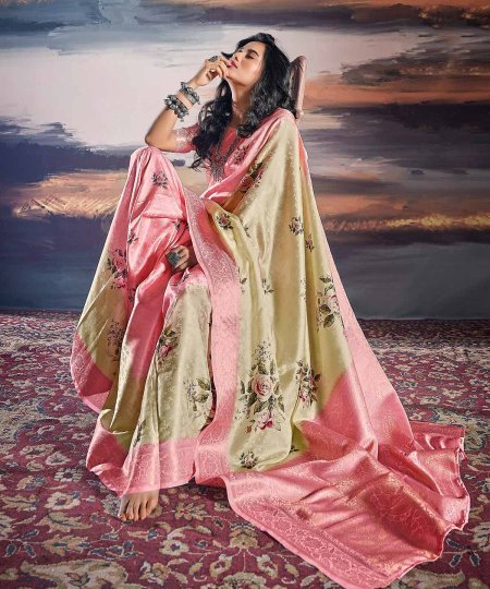 Pure Satin With Self Weaving Saree - Dual Shade & Floral Digital Premium Quality - dvz0003848