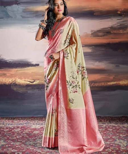 Pure Satin With Self Weaving Saree - Dual Shade & Floral Digital Premium Quality - dvz0003848