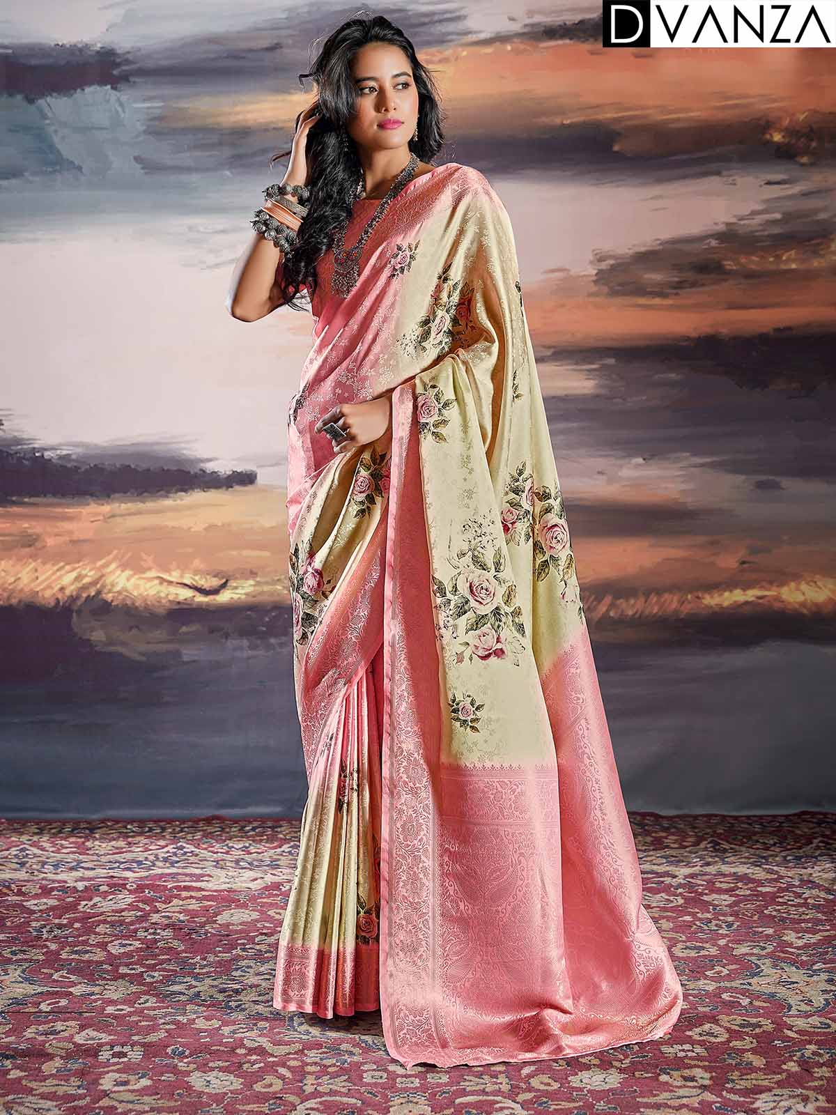 Pure Satin With Self Weaving Saree - Dual Shade & Floral Digital Premium Quality - dvz0003848
