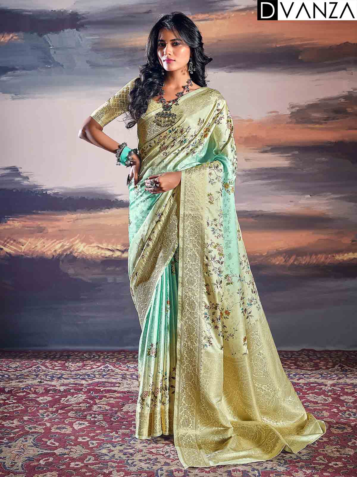 Pure Satin With Self Weaving Saree - Dual Shade & Floral Digital Premium Quality - dvz0003849
