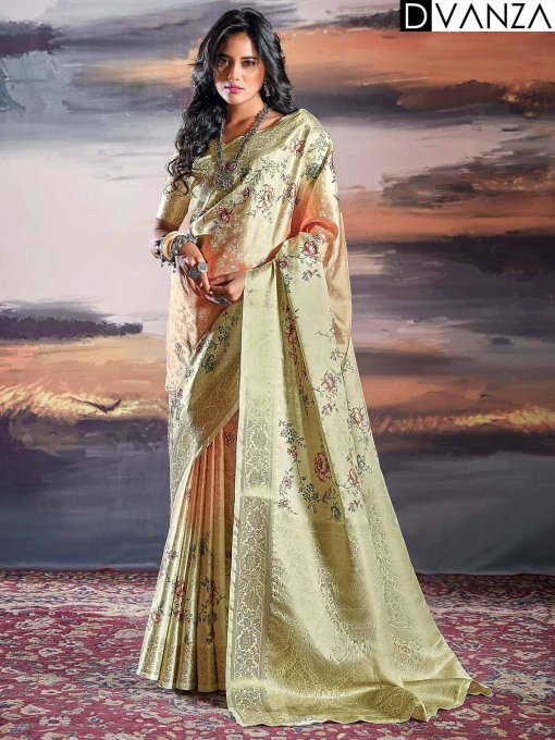 Pure Satin With Self Weaving Saree - Dual Shade & Floral Digital Premium Quality - dvz0003851