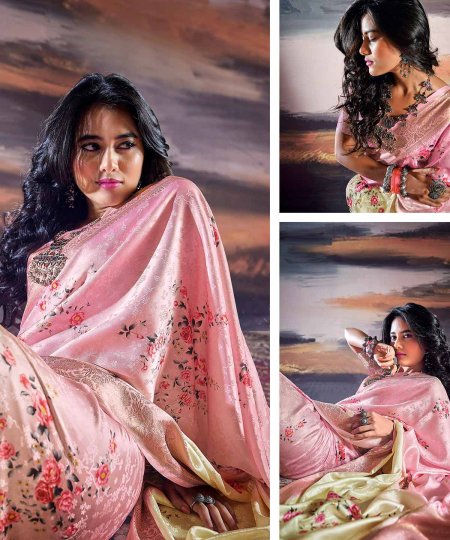 Pure Satin With Self Weaving Saree - Dual Shade & Floral Digital Premium Quality - dvz0003852