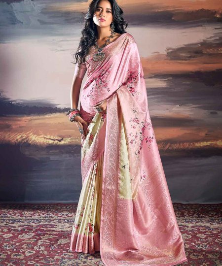 Pure Satin With Self Weaving Saree - Dual Shade & Floral Digital Premium Quality - dvz0003852