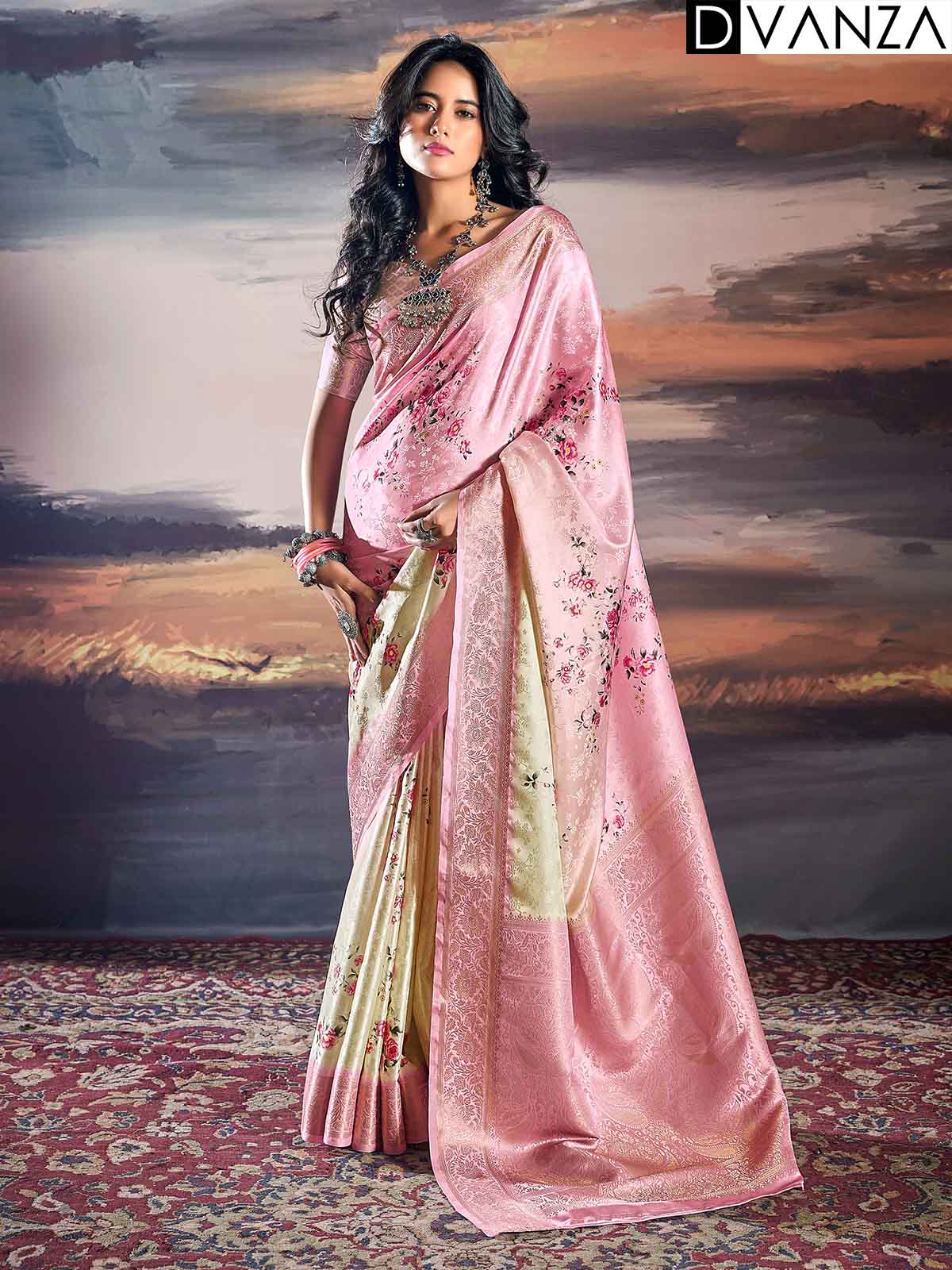 Pure Satin With Self Weaving Saree - Dual Shade & Floral Digital Premium Quality - dvz0003852