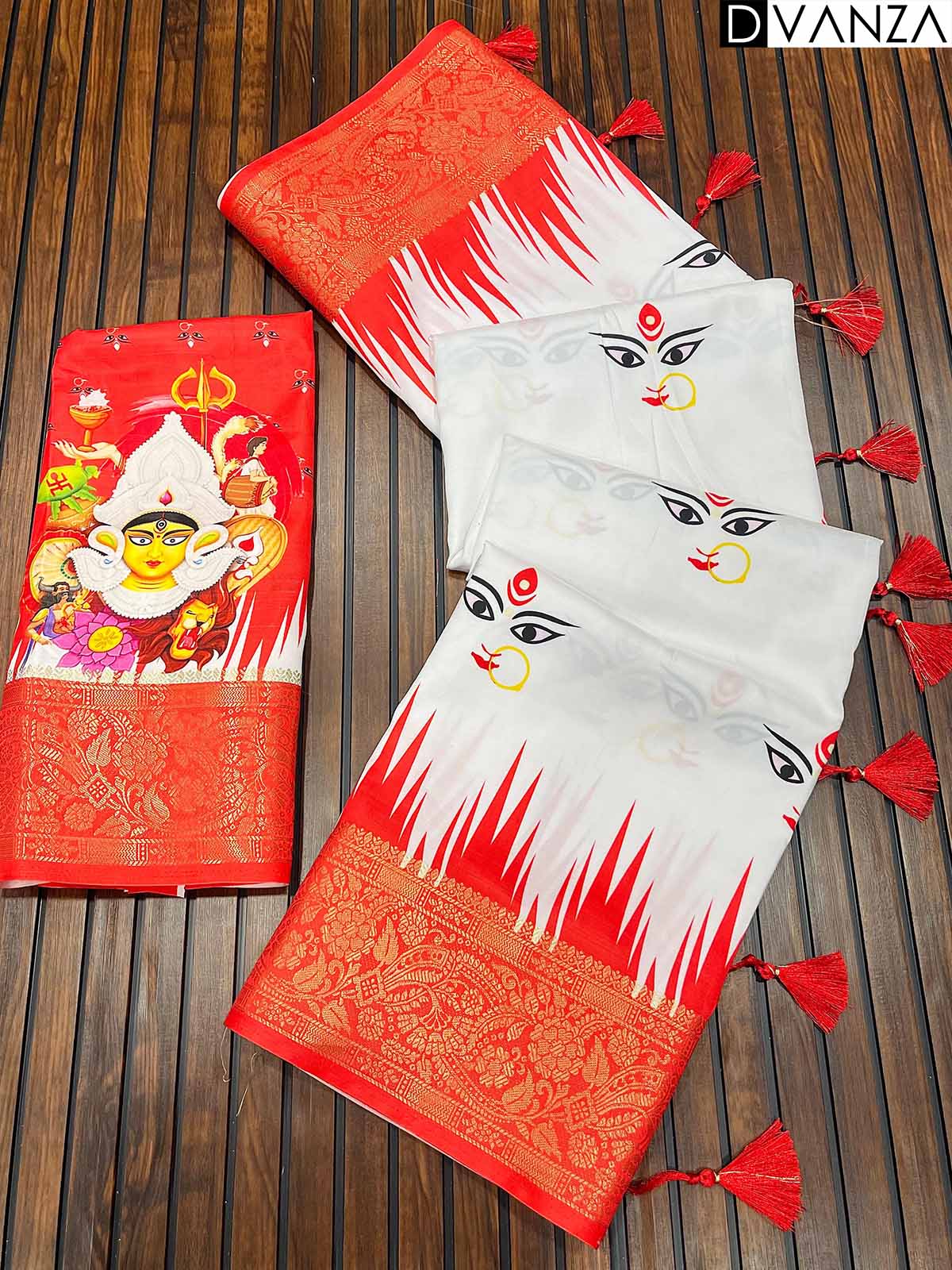 Pure Silk Sarees with 3D Jacquard Borders Durga Pooja Special Prints and Fancy Tassels - dvz0003823