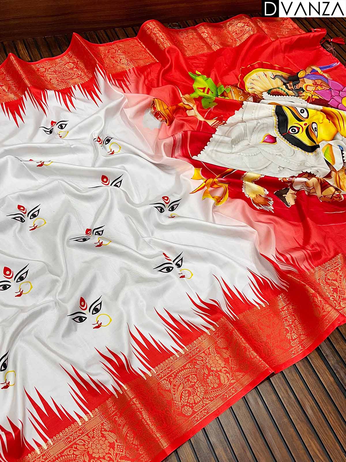 Pure Silk Sarees with 3D Jacquard Borders Durga Pooja Special Prints and Fancy Tassels - dvz0003823