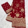 Pure soft georgette silk saree in maroon with intricate zari floral patterns and a rich pallu.