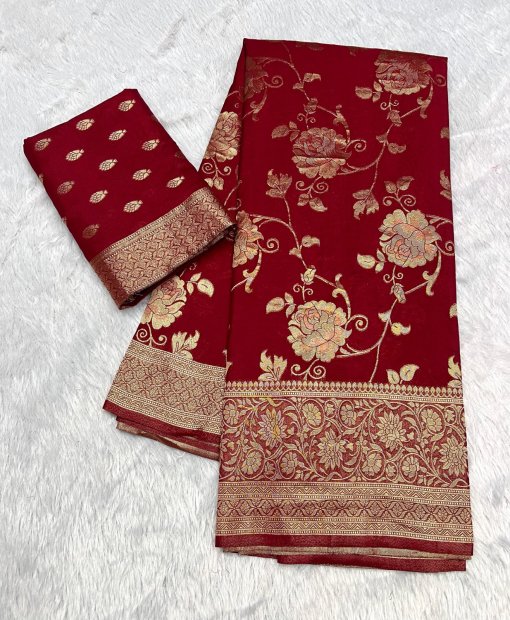 Pure soft georgette silk saree in maroon with intricate zari floral patterns and a rich pallu.