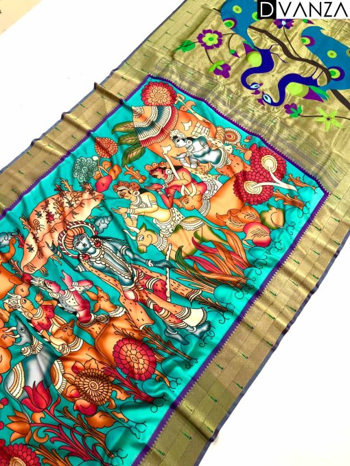 Pure Soft Kalamkari Paithani Silk Saree with Original Gold Zari Digital Print Design - dvz0003794