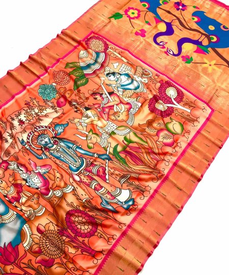 Pure Soft Kalamkari Paithani Silk Saree with Original Gold Zari Digital Print Design - dvz0003794