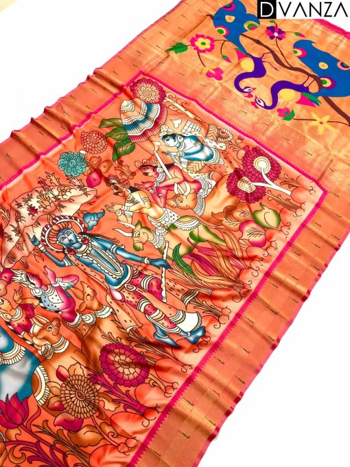 Pure Soft Kalamkari Paithani Silk Saree with Original Gold Zari Digital Print Design - dvz0003794