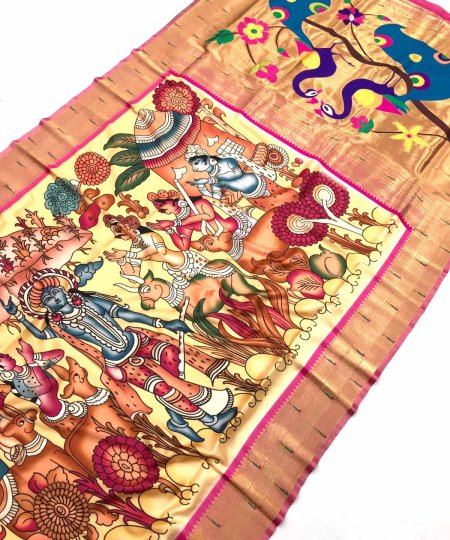 Pure Soft Kalamkari Paithani Silk Saree with Original Gold Zari Digital Print Design - dvz0003794