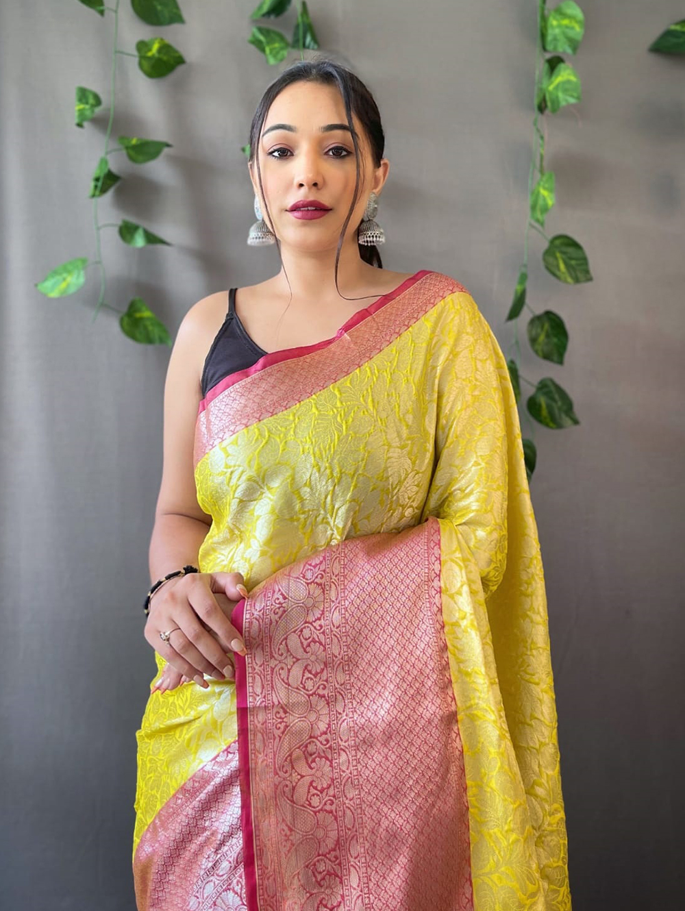 Designer Yellow Saree with contrast Leheriya Blouse - Rana's by Kshitija