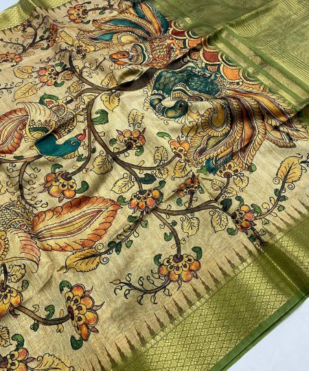 Pure Tussar Silk Saree with Handpainted Kalamkari Print and Zari Weaving - dvz0003934