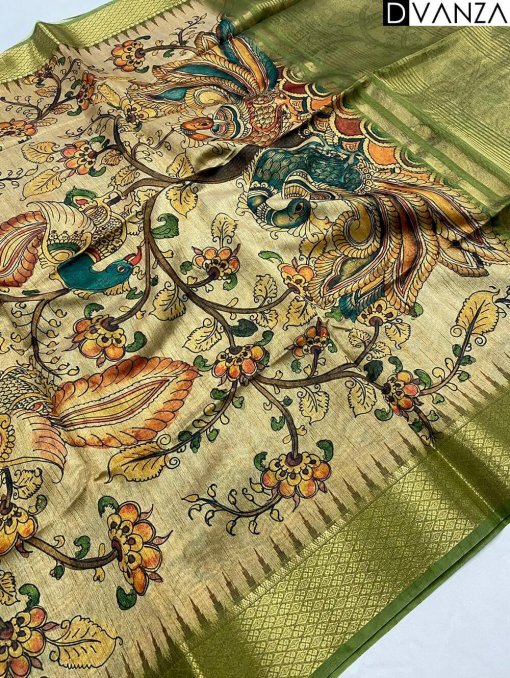 Pure Tussar Silk Saree with Handpainted Kalamkari Print and Zari Weaving - dvz0003934