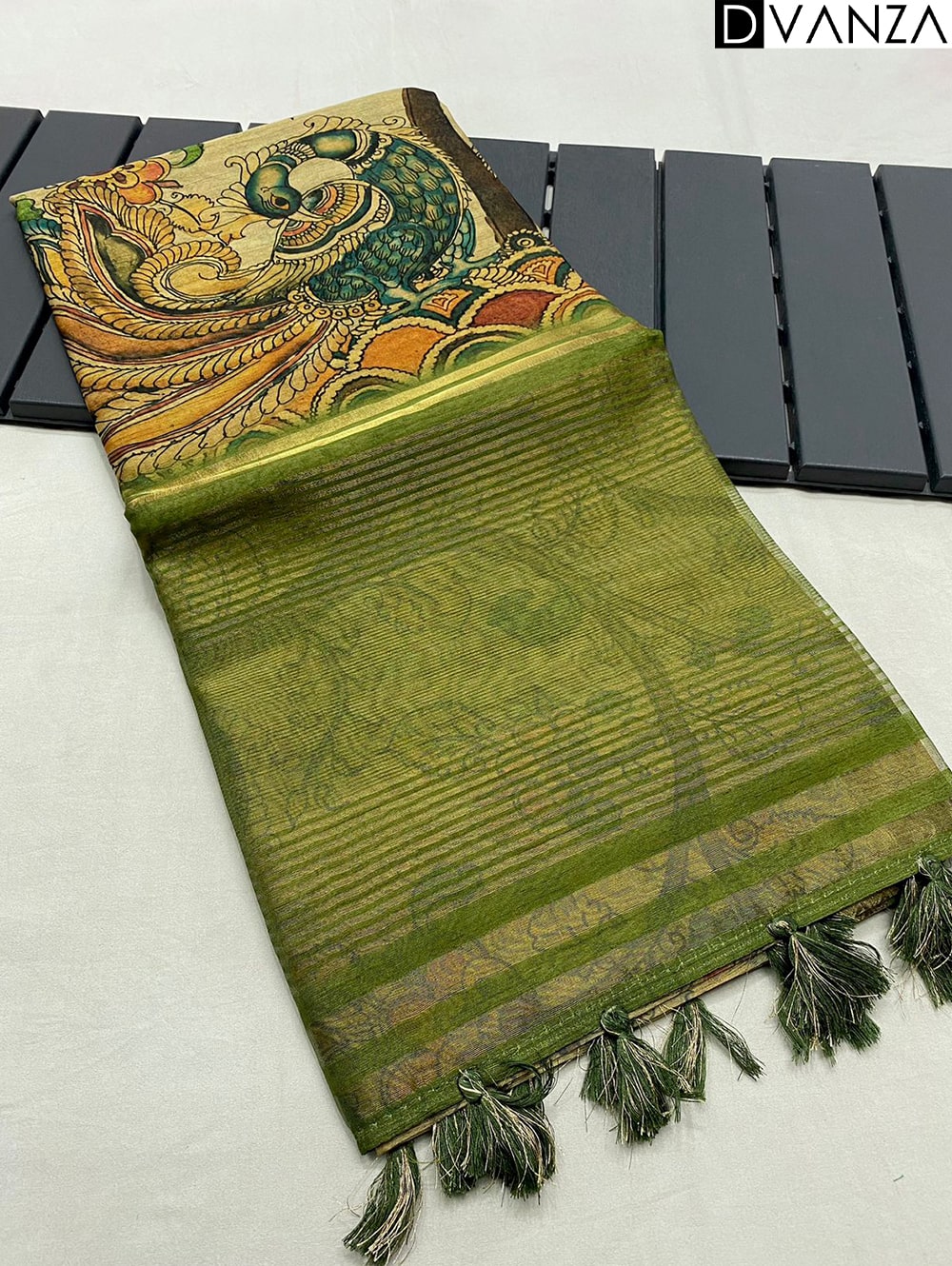 Pure Tussar Silk Saree with Handpainted Kalamkari Print and Zari Weaving - dvz0003934