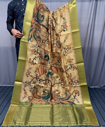 Pure Tussar Silk Saree with Handpainted Kalamkari Print and Zari Weaving - dvz0003934