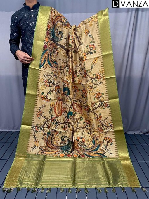 Pure Tussar Silk Saree with Handpainted Kalamkari Print and Zari Weaving - dvz0003934