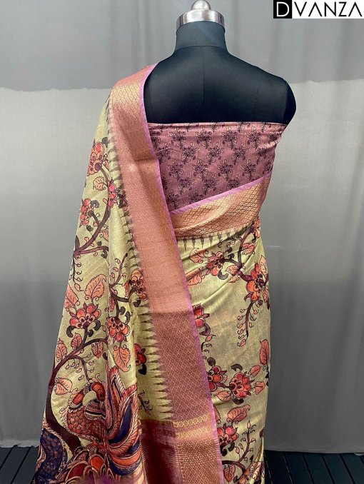 Pure Tussar Silk Saree with Handpainted Kalamkari Print and Zari Weaving - dvz0003935