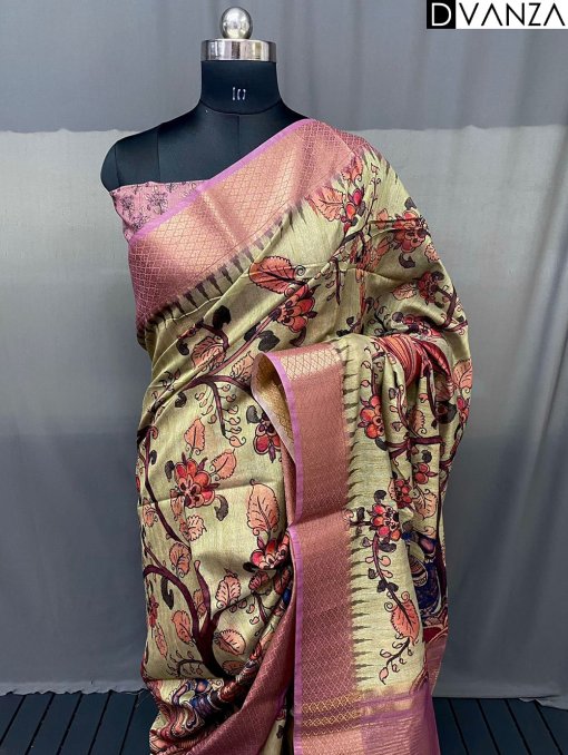 Pure Tussar Silk Saree with Handpainted Kalamkari Print and Zari Weaving - dvz0003935