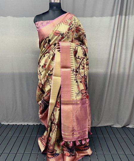 Pure Tussar Silk Saree with Handpainted Kalamkari Print and Zari Weaving - dvz0003935