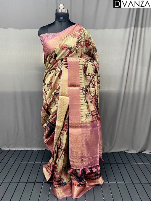 Pure Tussar Silk Saree with Handpainted Kalamkari Print and Zari Weaving - dvz0003935