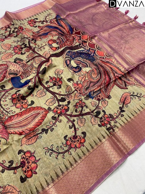 Pure Tussar Silk Saree with Handpainted Kalamkari Print and Zari Weaving - dvz0003935