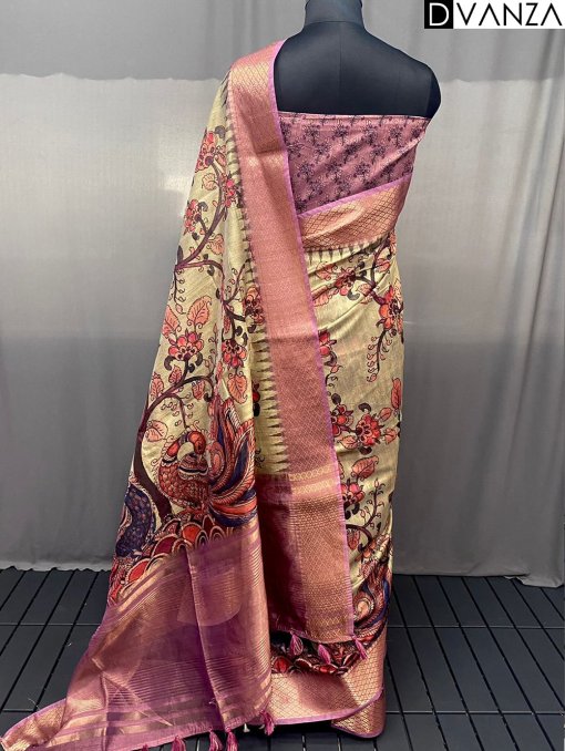 Pure Tussar Silk Saree with Handpainted Kalamkari Print and Zari Weaving - dvz0003935