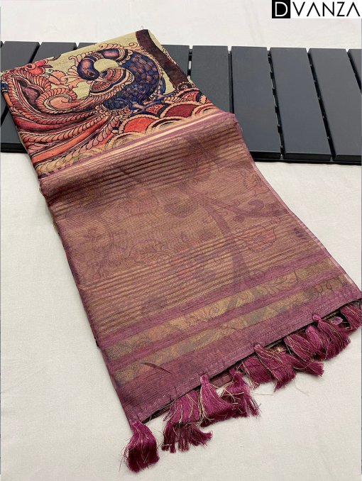 Pure Tussar Silk Saree with Handpainted Kalamkari Print and Zari Weaving - dvz0003935