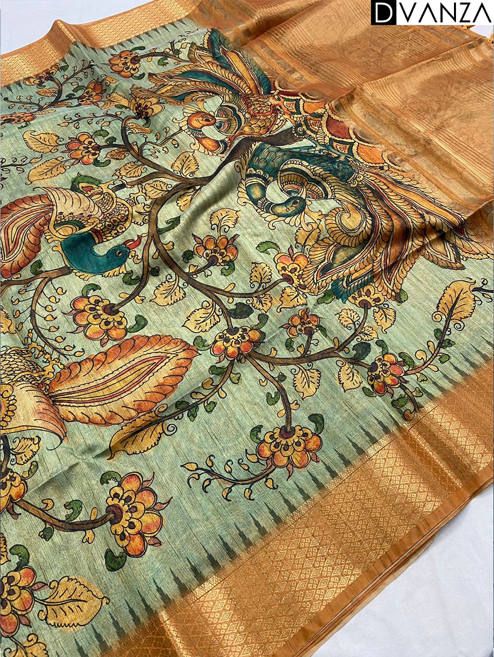 Pure Tussar Silk Saree with Handpainted Kalamkari Print and Zari Weaving - dvz0003936