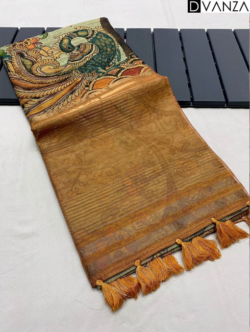 Pure Tussar Silk Saree with Handpainted Kalamkari Print and Zari Weaving - dvz0003936