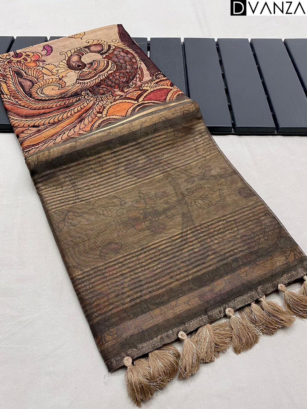 Pure Tussar Silk Saree with Handpainted Kalamkari Print and Zari Weaving - dvz0003937