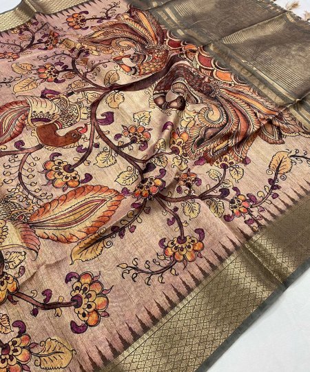 Pure Tussar Silk Saree with Handpainted Kalamkari Print and Zari Weaving - dvz0003937