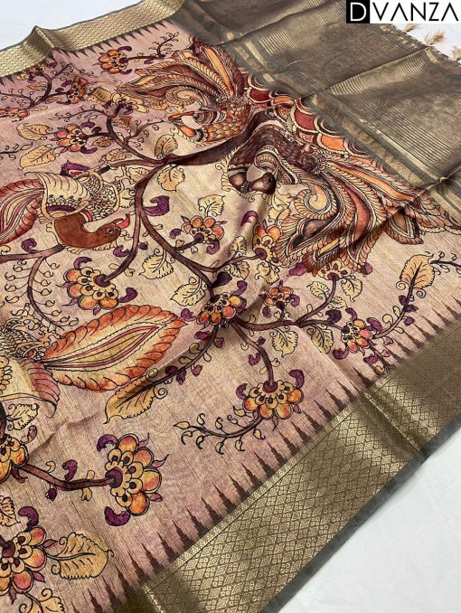 Pure Tussar Silk Saree with Handpainted Kalamkari Print and Zari Weaving - dvz0003937