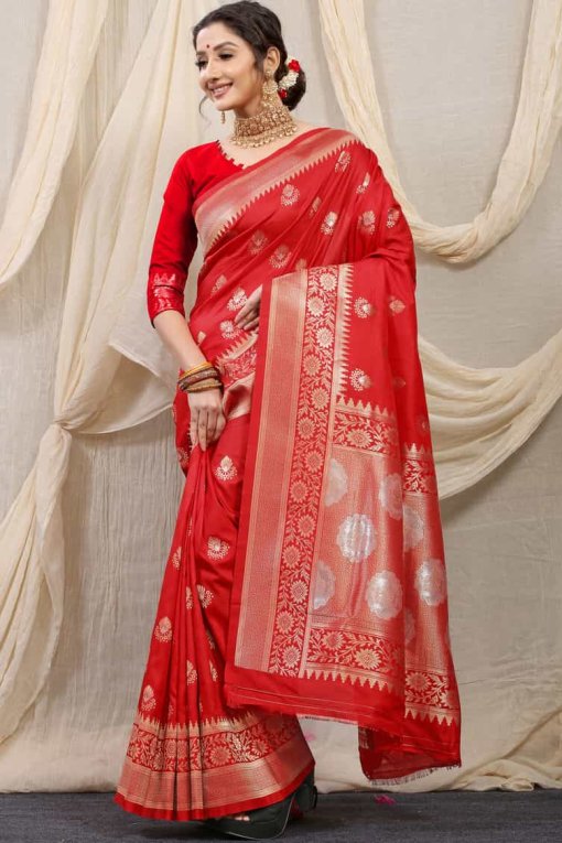 red color Kanchipuram silk Party wear saree for marriage function DVZ0003519