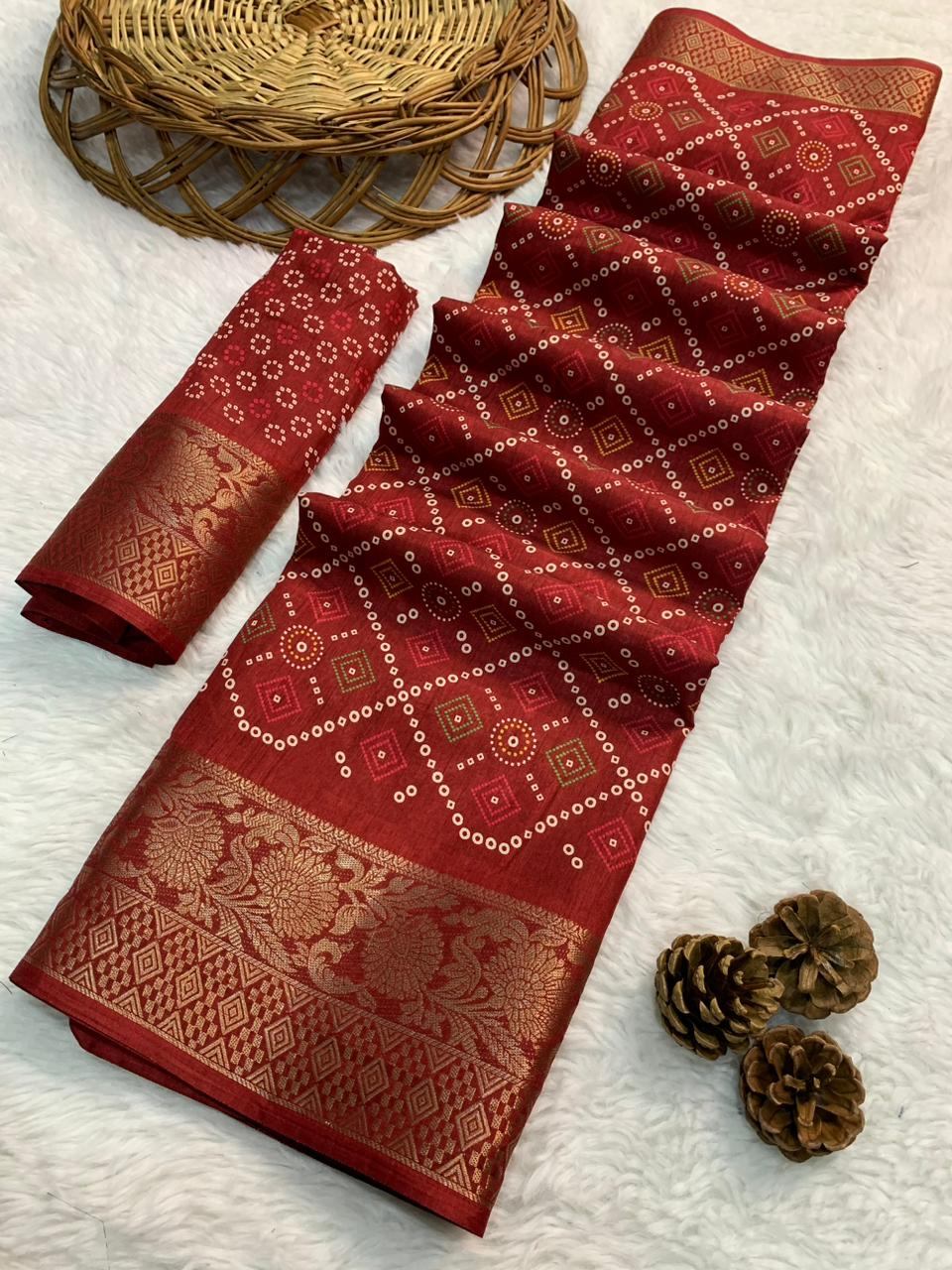 Red Color Printed Dola silk saree