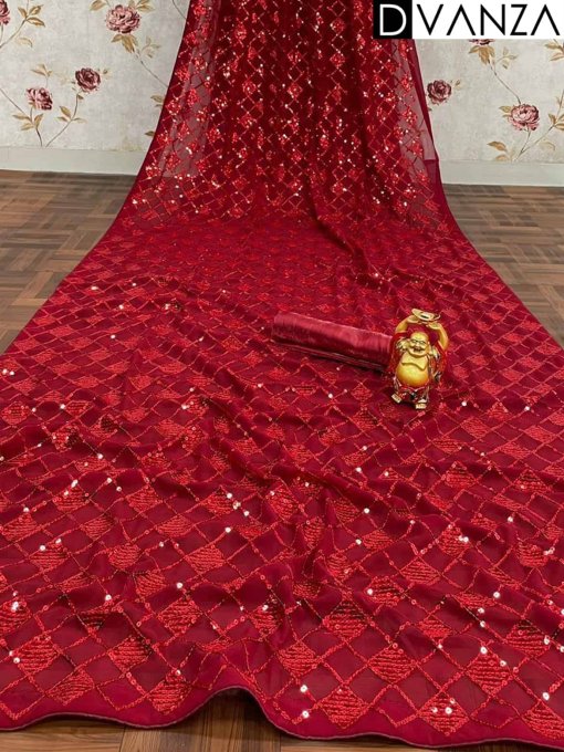 red stylish Party wear Sequinned Georgette Saree dvz0003552