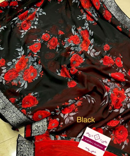 Black georgette fabric with floral motifs weaving border saree - dvz0003590