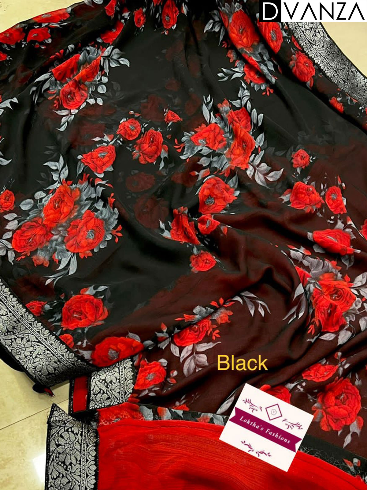 Black georgette fabric with floral motifs weaving border saree - dvz0003590