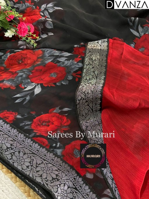 Black georgette fabric with floral motifs weaving border saree - dvz0003590