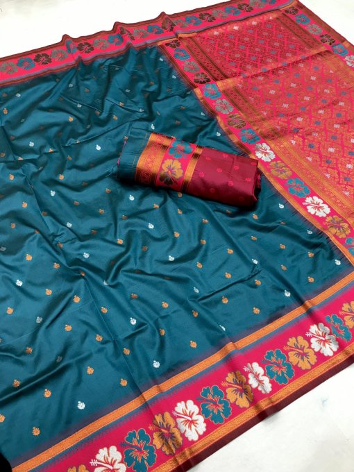 sea Blue Trendy Silk Woven Saree DV435