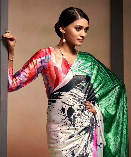 Shop Bollywood Satin Crape Sarees with Exquisite Digital Prints Online - dvz0003860