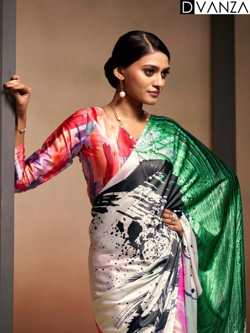 Shop Bollywood Satin Crape Sarees with Exquisite Digital Prints Online - dvz0003860